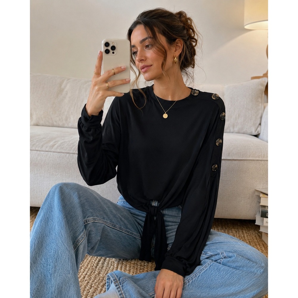 C'isa Black Dolman Sleeve Top Front Tie Statement Button Sleeve Lagenlook Medium